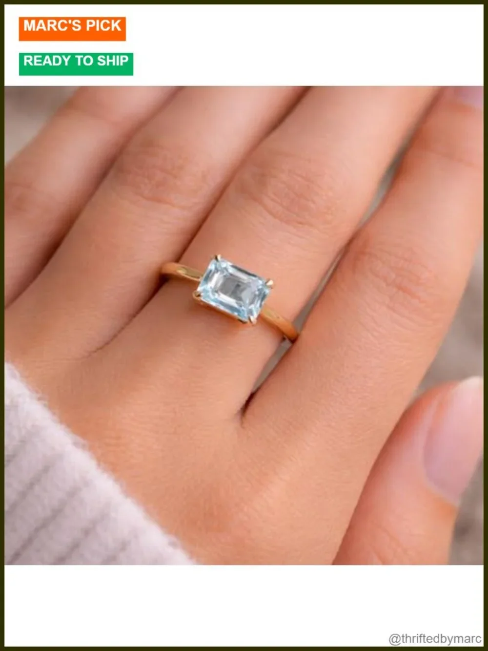 Blue Topaz Baguette Ring 925 Sterling Silver Gold Plated December Birthstone